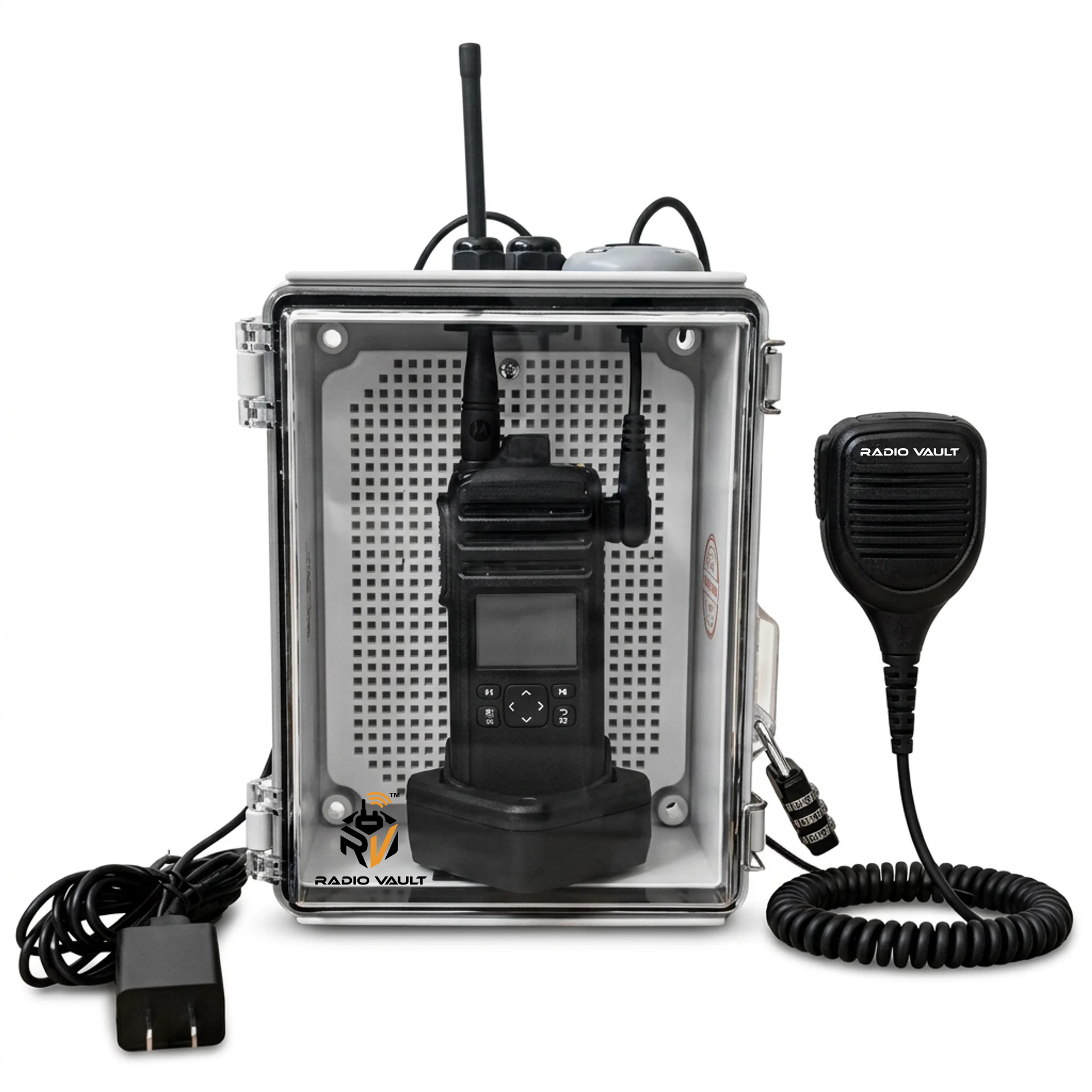 Radio Vault configured with installed microphone and charging cable