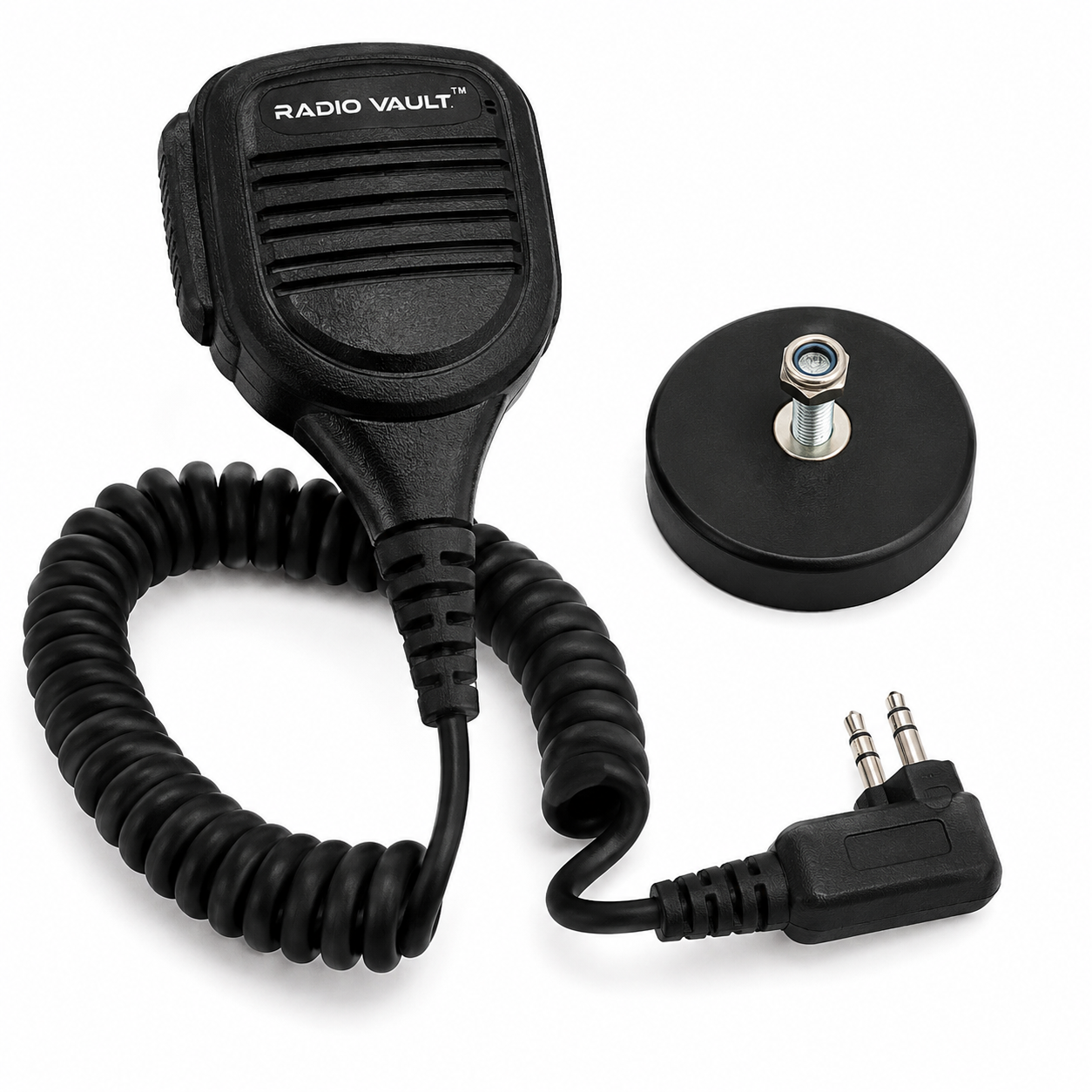 RadioVault remote speaker microphone with coiled cable, magnetic mount puck, and two-pin radio connector